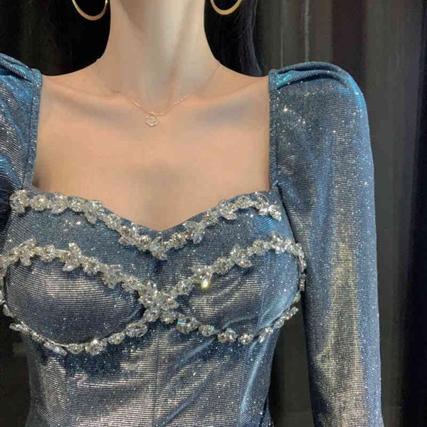 

autumn and winter beaded diamond evening dress female temperament square neck glitter women's ladies 210514, Black;gray