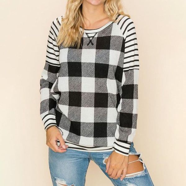 

leisure lattice t-shirts long sleeve patchwork women's round neck loose t-shirt harajuku autumn winter pullovers clothes, White