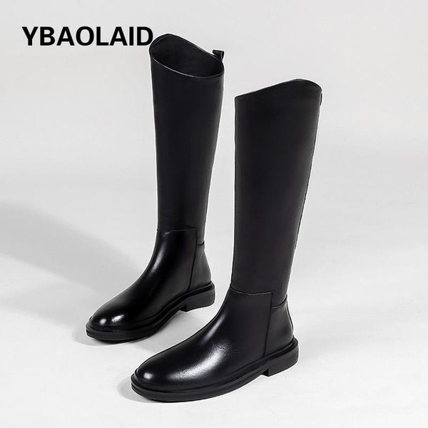 

boots fashion irregular flat-bottomed for autumn and winter solid color cowhide round-toe sleeve low-heeled high, Black