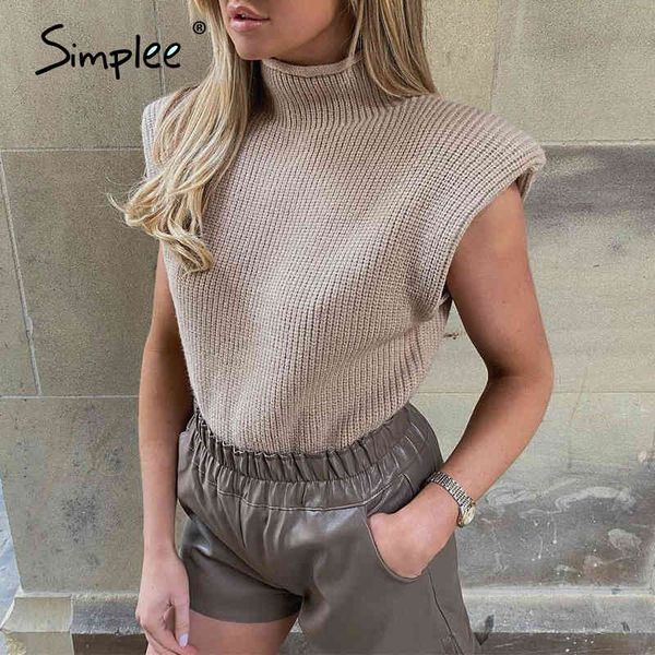 

simplee casual high neck sleeveless womens sweater vest with shoulder pads knitted pullover fashion autumn winter jumper, White;black
