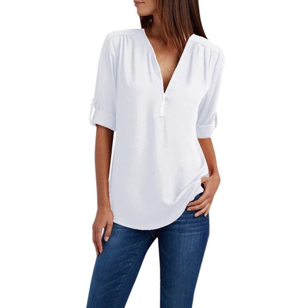 

women's t-shirt t-shirts women ladies zipper button half sleeves loose chiffon solid color clothing simplicity manga corta, White