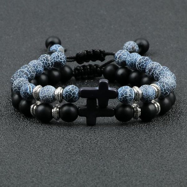 

beaded, strands couple 2pcs cross bracelet natural classic stone yoga engery beaded women bracelets for men friends gift charm jewelry, Black
