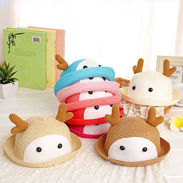 

sun hat for children korean summer cute cartoon antler basin boys and girls children's shade straw princess sun cool hat, Yellow