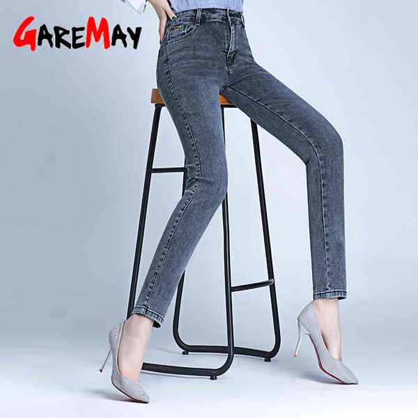 Biue Calça jeans Cinza Slim Fit Cintura Alta Cintura Mãe Femme Plus Size Stretch Denim Calças Vintage Grande Mulher 210428