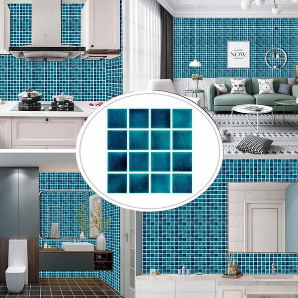 

wall stickers 30pcs 2d blue mosaic hard tiles floor sticker kitchen bathroom table home decor peel & stick wear-resistant art mural