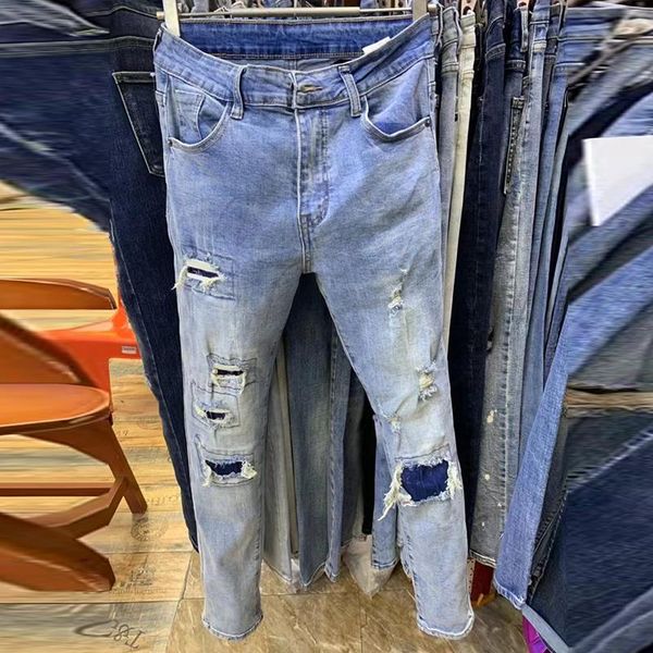 

men's jeans 2021 men trendy slim trend brand fashion hole beggar personality pants skinny ripped for stacked, Blue