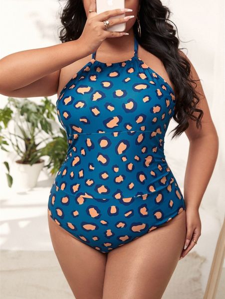 

plus leopard halter one piece swimsuit e5mp#, Black