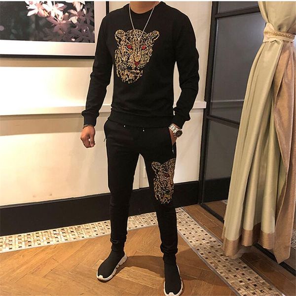 

men's tracksuits 2021 winter european and american style fashion casual suit personalized leopard pattern slim sportswear, Gray