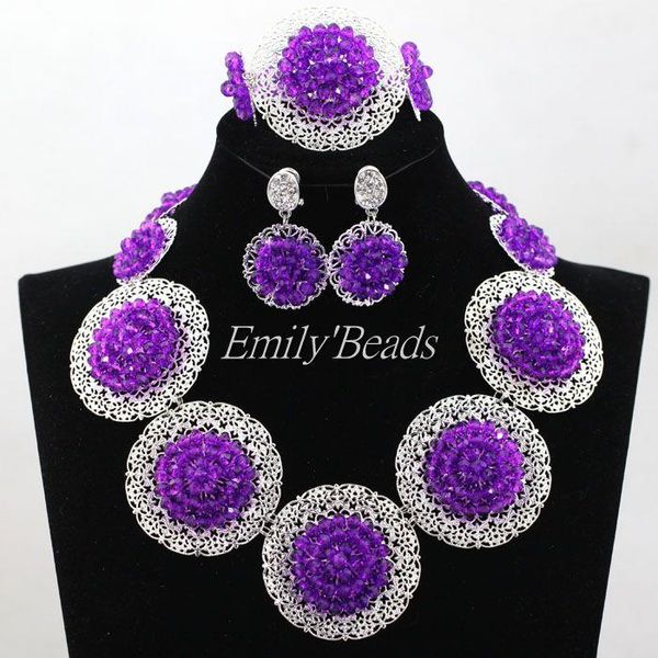 

earrings & necklace purple african wedding crystal jewelry sets nigerian bridal beads set handmade woman gift alj456, Silver