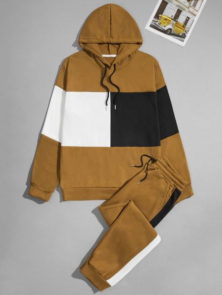 

men color block drawstring hoodie & sweatpants w0dl#, Gray