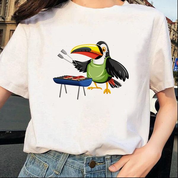 

women kawaii toucan flowers t shirt short sleeved o neck vintage vogue ullzang harajuku tees female, White