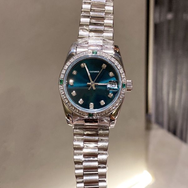 Nova moda mulheres de aço inoxidável relógios de quartzo senhora geométrica jóia diamante bezel relógio de pulso prata verde shell Dial 31mm