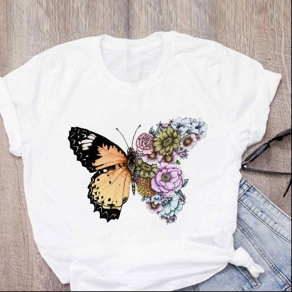 

women t shirt graphic butterfly sunflower floral vintage print summer lady clothes womens clothing tee female, White