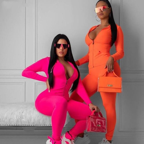 

womens tracksuits neon pink orange two pieces set women fitness sportswear autumn long sleeve skinny elastic leggings tracksuit, Gray