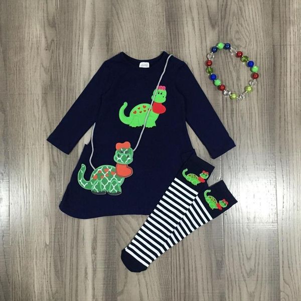 

spring girl dinosaur embroidered dress long sleeve v day navy blue with sock, purse and necklace, Red;yellow