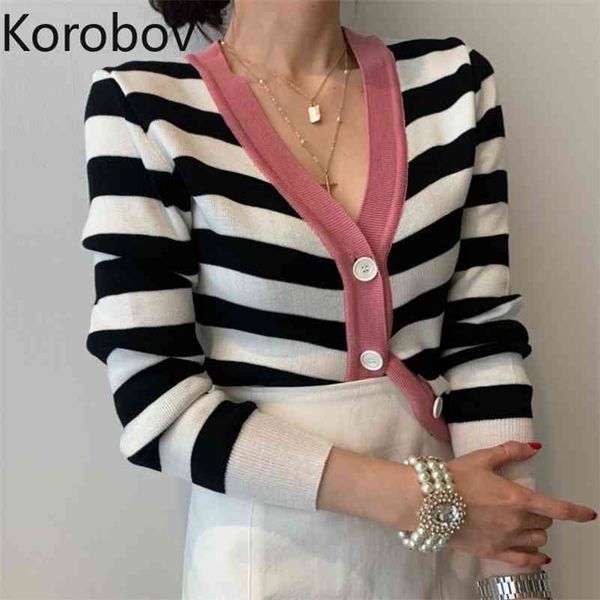 

korobov outwear women striped cardigans new autumn winter v neck long sleeve sueter mujer vintage elegant office lady sweaters 210430, White