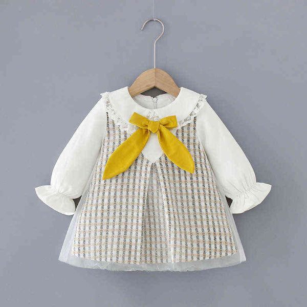 NEUE Mädchen Nette Bogen Kleid Frühling Revers Mode Lange ärmeln Prinzessin Plaid Party Kleid Kinder baby mädchen tücher G1129