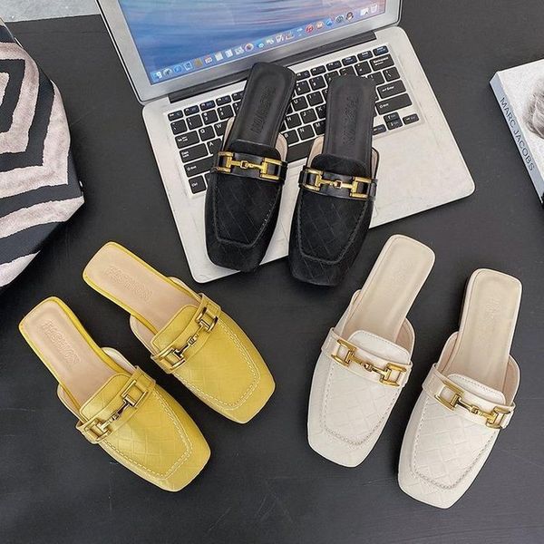 

women's shoes spring, summer and autumn baotou half slippers lattice metal buckle decoration europe america, Black