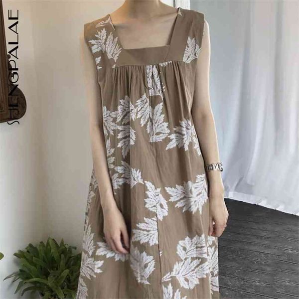 

summer women's long retro foreign printed square collar exposed clavicle folds sleeveless sling dress qb114 210427, Black;gray