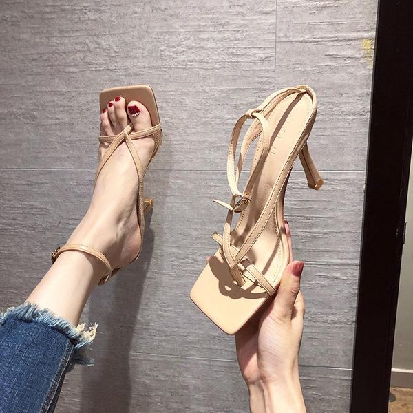 

narrow band split toe gladiator sandals women ankle strap high heels summer shoes ladies leather sandalias mujer 2021, Black