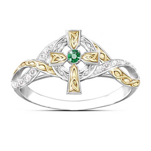 

wedding rings creative women's crystal ring retro two-tone cross badge prayer christian jesus religious jewelry, Slivery;golden