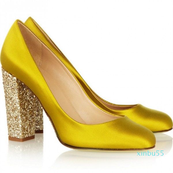 Moda Yuvarlak Toes Altın Sparkly Tıknaz Topuk Elbise Ayakkabı Glitter Chic Topuklu Kadınlar Pompalar 12 cm Kaçak Ayakkabı Parti Pompaları Artı Boyutu Ziyafet