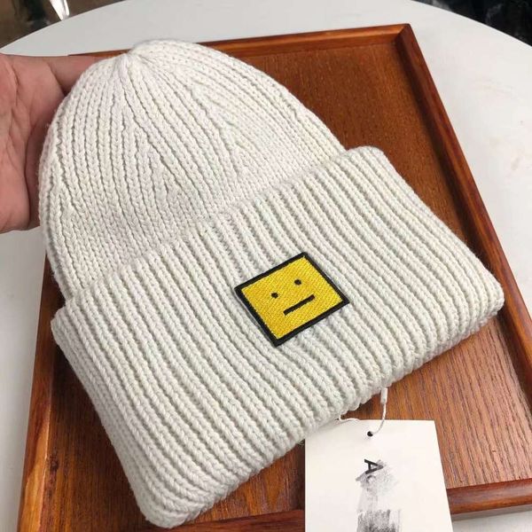 

hat ac knitted wool smiley face square label stripe cold warm couple, Blue;gray