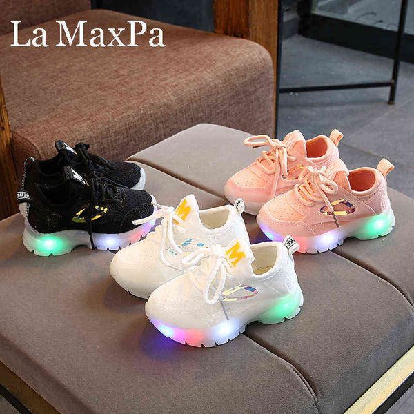 

size 21-30 glowing sneakers boy sports laces mesh chidlren casual shoes baby breathable led shoes flashing lights girls shoes g0211, Black;red