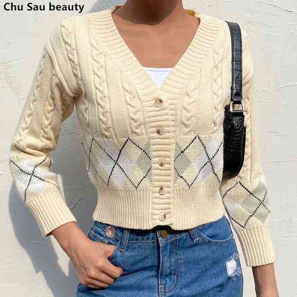

fashion casual autumn diamond plaid knitted cardigan women fall long sleeve cardigans v-neck knit sweaters female 210508, White