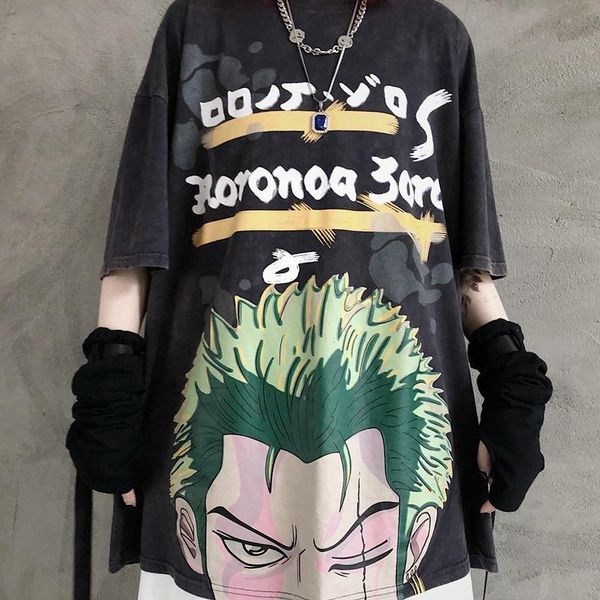 

men's t-shirts 2021 spring and summer japanese loose short sleeve round neck cartoon printed pirate king solon t-shirt, White;black
