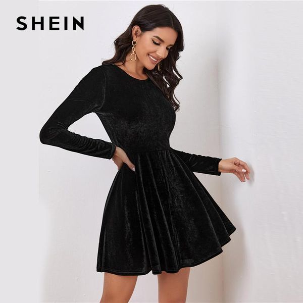 

black solid zip back velvet dress without belt women spring high waist long sleeve fit and flare elegant mini dresses casual, Black;gray