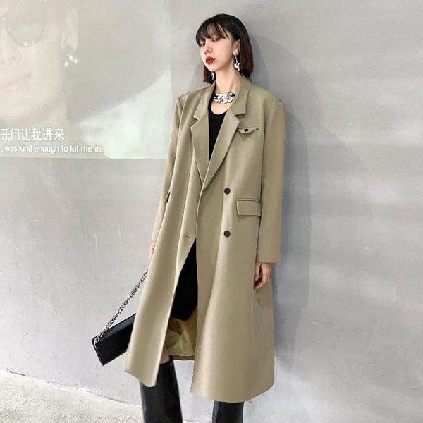 

women's trench coats korean british style suit coat female 2021 spring and autumn loose slim medium long straight tube leisure pure col, Tan;black