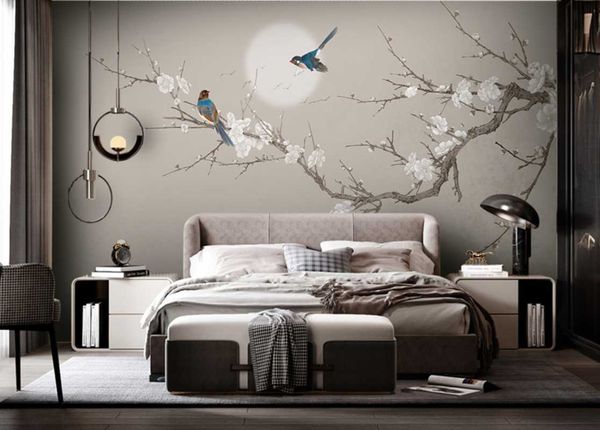 

wallpapers customized 3d light luxury retro chinese hand-painted flower and bird plum blossom mural for living room bedroom office hand