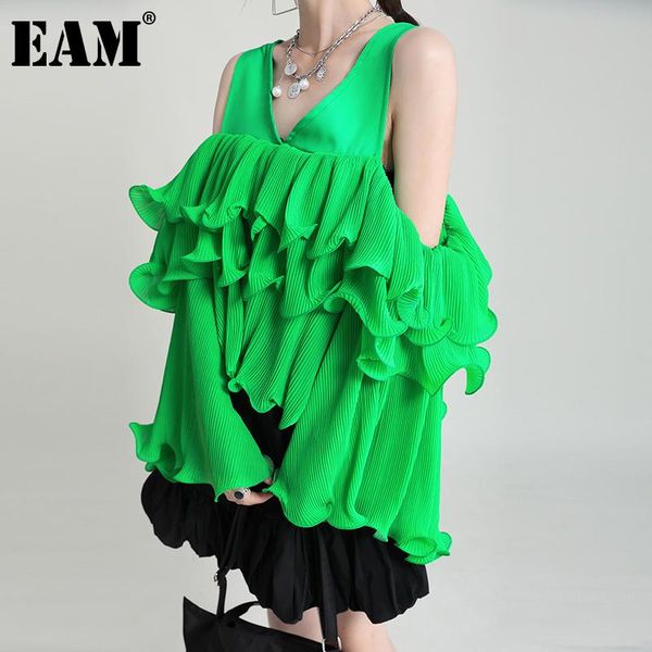

women's blouses & shirts [eam] women green ruffles irregular big size blouse v-neck long sleeve loose fit shirt fashion spring summer 2, White