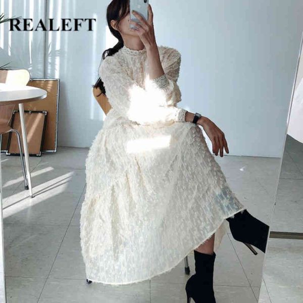 

women's lace dress elegant korean style long sleeve patchwork high waist ladies a-line dresses spring 210428, Black;gray