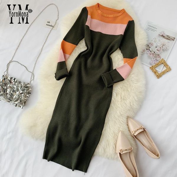 

casual dresses yornmona 2021 fashion stretch striped women dress long sleeve autumn chic knitted bodycon winter midi ladies vestido, Black;gray