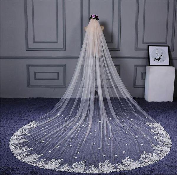 

bridal veils white ivory champagne 3.5m*2m cathedral veil elegant lace applique edge long wedding accessories custom wholesale, Black