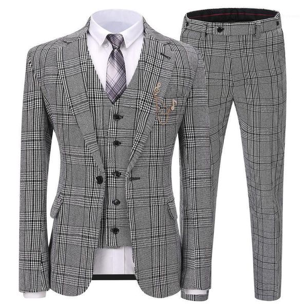 

men's suits & blazers suit formal 3 pieces slim fit shawl lapel plaid soft wool tweed prom grey tuxedos wedding groomsmen (blazer+vest+, White;black