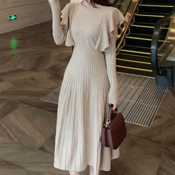 

casual dresses fashion small fragrance sweater strappy dress ruffles slim long sleeve a line pleated maxi autumn clothes robe 2021, Black;gray