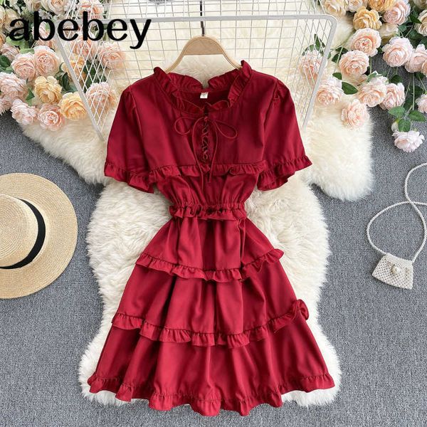 

women dress sweet korean o neck puff sleeve ruffles dresses summer bohemian solid a-line midi dress 210715, Black;gray