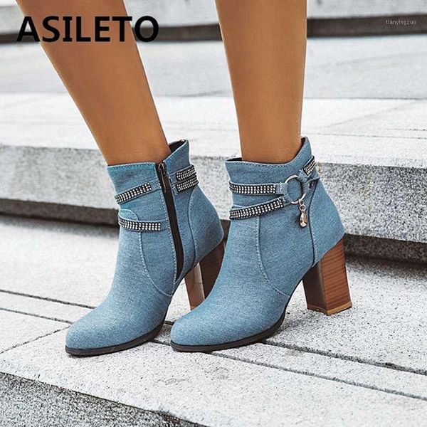 

boots asileto denim thick high heels womn ankle booties 2021 pointed toe lady shoes zipper spring footwear casual botas bota1, Black