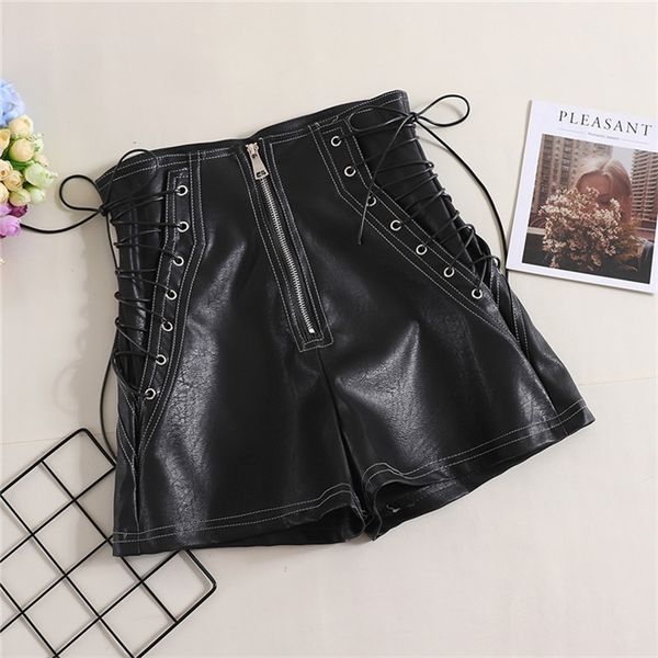 

2021 autumn women pu tie high waist female casual black shorts ladies all match wide leg short pants ab1170, White;black