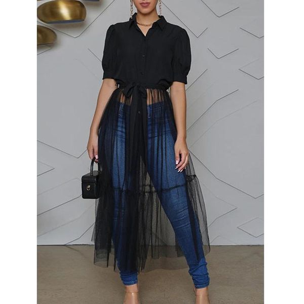 

women's blouses & shirts fashion solid mesh combo tunic women long blouse shirt button up tulle splicing dress, White