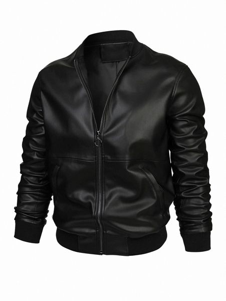 

men o-ring zipper pu leather bomber jacket 60jz#, Black;brown