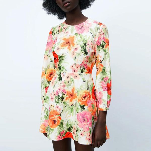 

summer women hollow out dress 2021 o-neck floral printed casual party vestido elegant a-line girls long sleeve outfits dresses, Black;gray