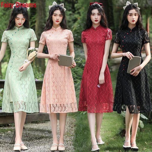 

ethnic clothing lace chiffon ao dai daily cheongsam improved mandarin collar vintage retro slim fit chinese style dress vestito, Red