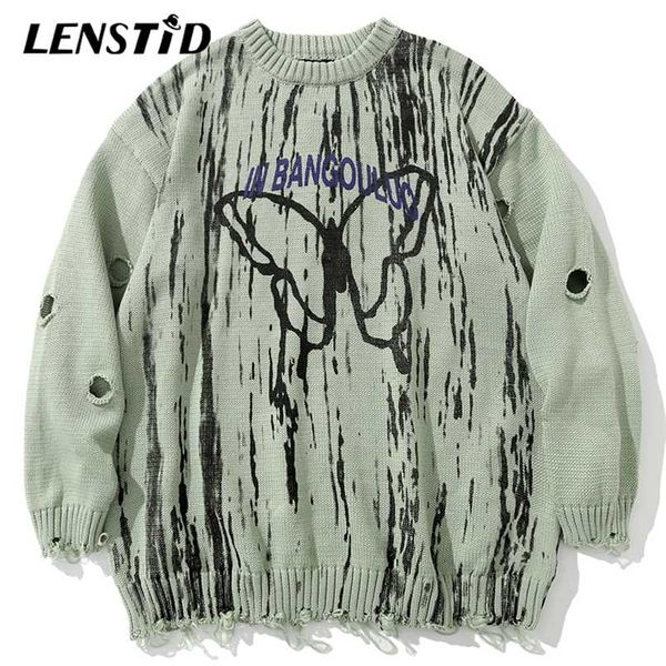 Lenstid homens hip hop tricotada jumper suéteres borboleta tinta graffiti streetwear harajuku outono hipster de grandes dimensões casuais pulôver 211006