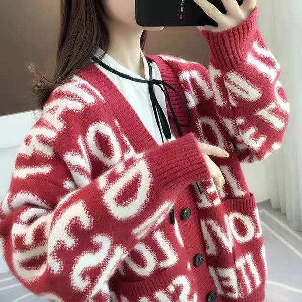 

womens sweater lady knitted cardigan plus size letter v neck long sleeves loose pocket wholesale 2022 winter new female clothes, White;black