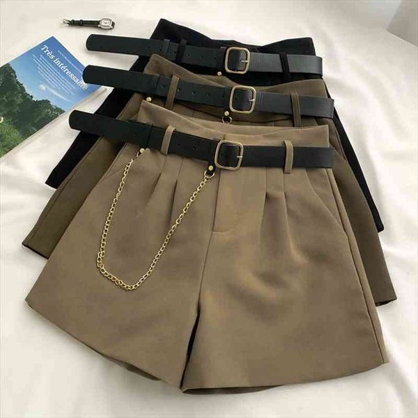 

summer korean fashion all-match high waist slim pure color shorts with chain belt women, White;black