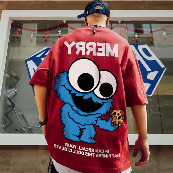 

men's shirt short t-shirt fashion brand guochao couple summer loose cartoon fat men's half sleeve, White;black